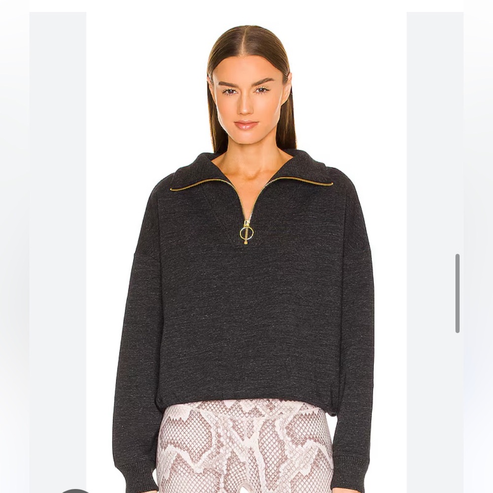 Varley Miller Sweat 1/4 zip pullover dark grey with gold toned zipper.